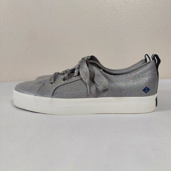 Sperry Crest Vibe Silver Sparkle Ribbon Topsider Sneaker - Excellent Cond - 3.5 - Picture 3 of 11